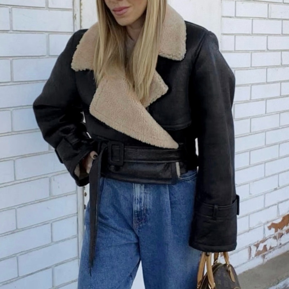 Commense Too Blessed Sherpa Lined Shearling Faux Leather Flight Jacket - Picture 2 of 7